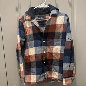Hollister Pink/Blue/White Flannel Jacket With Hood Size Unisex Extra Small XS - Picture 1 of 6