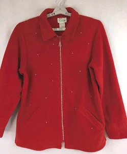 Fleece Jacket Shirt Red Quacker Sparkle & Shine Zip A32787 QVC L Rhinestone Cuff - Picture 1 of 11