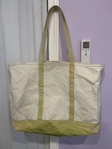Vtg LL Bean Boat N Tote Canvas Bag Jumbo Faded Green/Yellow Trm USA Nds Cleaning - Picture 1 of 15