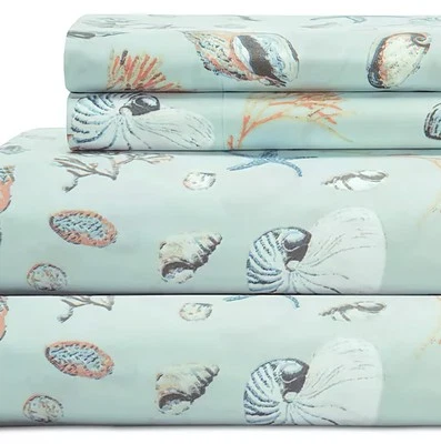Набор из 4 простыней Tranquil Tides Queen Aqua Blue Coastal Collection Seashell Beach - Изображение 1 из 4