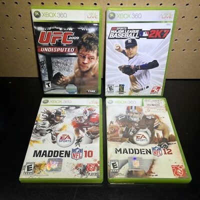 4 Game Sport Lot-UFC 2009 Undisputed,Madden 10 & 12 & Baseball 2K7-Xbox 360-Work - Image 1 of 4