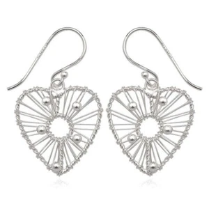 Sterling Silver Beaded Wired Heart Dangle Women Earrings - Picture 1 of 2
