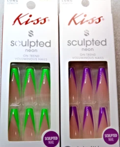 2 Packs KISS NAILS GLUE ON EXTRA LONG-  Neon Purple & Green Chevron Sculpted - Picture 1 of 2