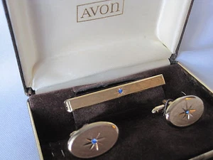 Avon Blue Rhinestone "Starburst" Cufflinks and Tie Bar, New Old Stock - Picture 1 of 10