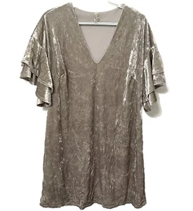 Bo Bel Mini Dress L Gray Crushed Velour Tiered Sleeve Shift V Neck Lined Fairy - Picture 1 of 10
