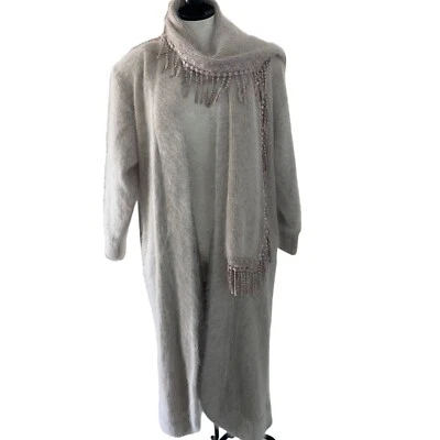 Venesha Sweater Coat Womens Angora Size Medium Vintage Beige Fringed Scarf - Image 1 of 4