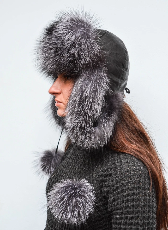 Эксклюзивный Saga меха Серебряный лисий мех, черная кожа женщин авиатор меховая шляпа - Изображение 1 из 4