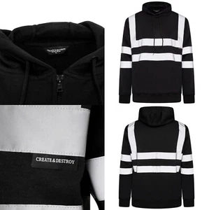 Para hombre Hi Vis Viz Visión Seguridad Trabajo Desgaste Cinta reflectante Negra Sudadera con Capucha Top Jumper - Imagen 1 de 14