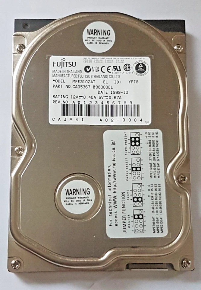10.2 GB IDE Fujitsu MPE3102AT P-ATA Ultra ATA/66 5.4K 512KB HDD 3.5" Hard Drive - Image 1 of 1