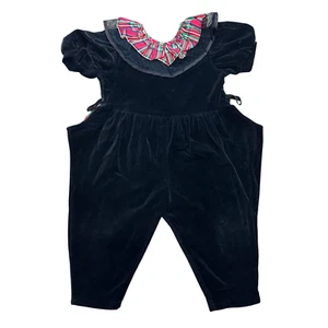 Vintage Little Star Jumpsuit Black Velvet Red Plaid Fringe Collar 3T Romper - Picture 1 of 5