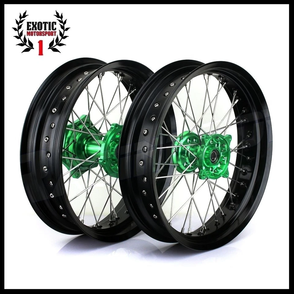 Ruedas Kawasaki KX250F KX450F buje verde llanta negra 17" 2006/2018 Supermoto Foto 1 de 4