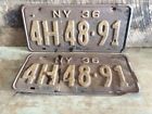 Antique Pair Of Matching NY License Plates, Rustic Non Refurbished 1936 4H 48-91