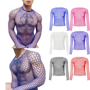 Mens Sexy Mesh See Through Fishnet T-Shirt Long Sleeve Muscle Undershirt Tops - Picture 1 of 25