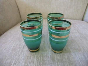 4  Vintage Mid-Century Green Juice Glasses w Gold & White Stripes - Picture 1 of 10