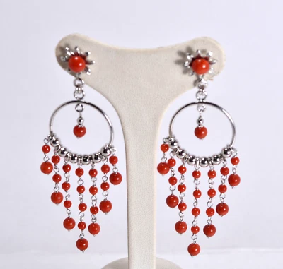 ORECCHINI  ARGENTO 925 MODELLO  CHANDELIER IN  CORALLO  ROSSO          AGHT 0857 - Immagine 1 di 3