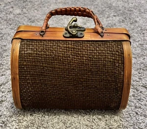 Vintage Brown Tweed and Wood Mini Bag w/ Metal Latch - Picture 1 of 7
