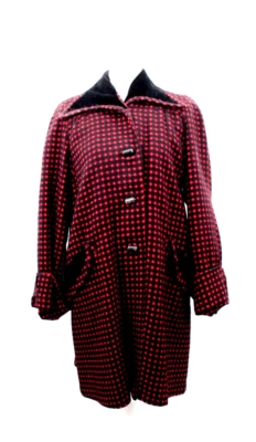 VTG Women's 50s Black & Red Check Wool Swing Coat W/ Velvet Trim 1950s Sz M/L - Изображение 1 из 4
