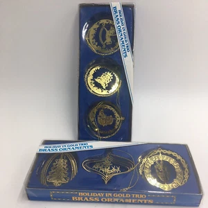 6 Vintage Christmas Ornaments Holiday in Gold Brass Ornaments Metal Cut Out 3 D - Picture 1 of 8