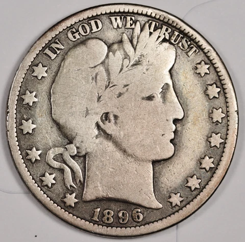 1896-o Barber Half.  "LI-TY & Part of "BER" of "LIBERTY" Visible. VG-F.  179080 Cover
