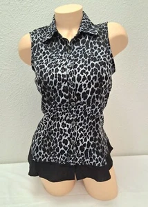Signature Collection Black Gray Cheetah Collared Cinch Wais Blouse Top Small S/6 - Picture 1 of 9