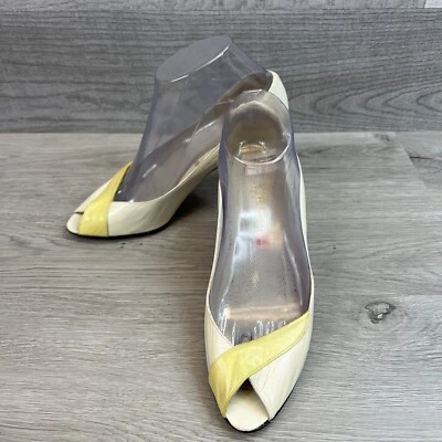 Vtg Caressa Woman's Open Toe Pumps Stiletto Heels Leather Cream Yellow Size 8.5M - Image 1 of 4