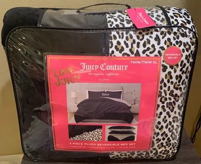 Juicy Couture TWIN/TWIN XL Reversible 3p Comforter Set Plush Black/Leopard Print - Image 1 of 4