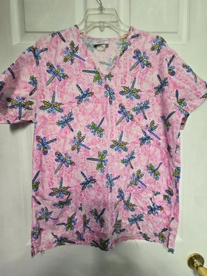 Peaches Scrub Top Size L-VIBRANT Pink/Pastel Dragonflies-Chest 23.5" L 28.5" - Image 1 of 4