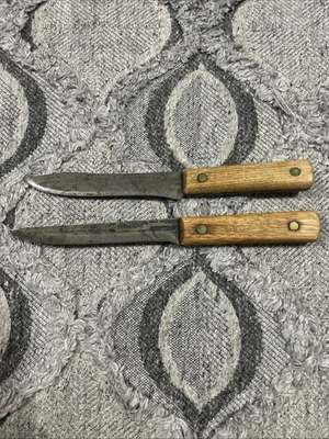Cuchillo de carnicero vintage antiguo de acero al carbono Hickory Ontario Tru Edge 2 piezas Foto 1 de 4