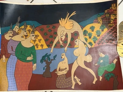 Signed Unusual Polish ? Surrealist Alien Folk Art Oil Painting - Image 1 of 4