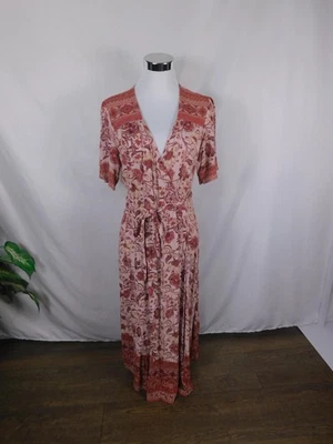 Knox Rose Dress Womens Medium Pink Red Floral Boho Maxi Short Sleeve Belted Wrap - Image 1 of 4