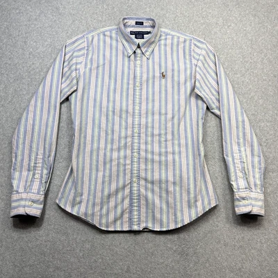 Ralph Lauren Shirt Womens 6 Blue Pink Stripe Slim Fit Button Down Oxford - Image 1 of 4