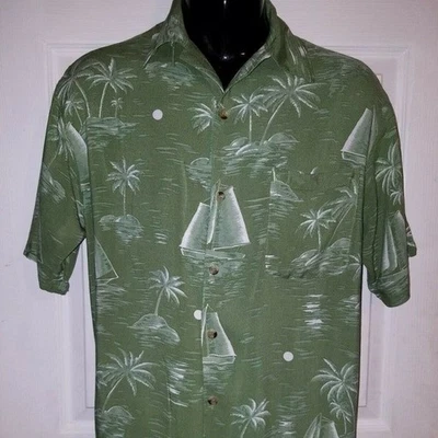 Camisa Aloha de manga corta tropical palmera veleros verde azul isla para hombre Foto 1 de 4