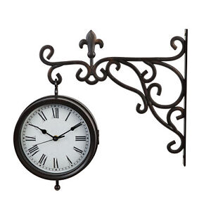 SAVE 50%!!! Wall Bracket Hanging Garden Clock Two Clock Faces Iron Effect
