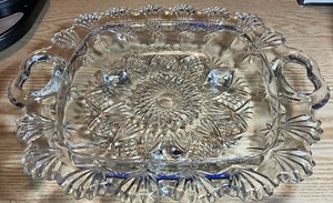 PASARI Indonesia Glass Clear Fan Pattern Handled Footed 10" Serving Tray Bowl - Picture 1 of 24