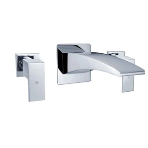 Chrome Wall Curved Waterfall Bath Spout Bathtub Filler Flat Handle Twin Taps Set - Picture 1 of 8