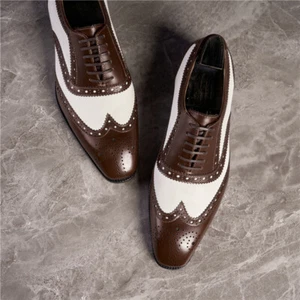 Mens Wing Tip Carved Brogue Formal Dress Real Leather Pointed Toe Business Shoes - Picture 1 of 21