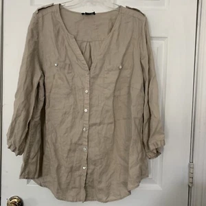 Go Silk Top Womens 1X 100% Linen V-neck Button Up Roll Tab Sleeve Oatmeal Beige - Picture 1 of 6