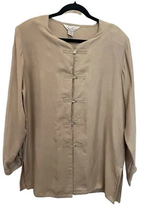 VTG Anne Larson Beige Silk Blouse Abalone Buttons L Long Sleeve Padded Shoulders - Picture 1 of 23
