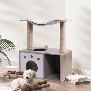30" Cat Tree Tower Wooden Condo House Cat Litter Box Enclosure Scratch - Picture 1 of 10