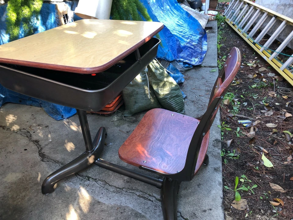 Vintage Old Art Deco Adjustable Metal Wood Child Kid School Desk Chair - Image 1 of 4