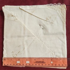 Vintage white Handkerchief embroidered on 4 corners pinned on paper - Picture 1 of 3