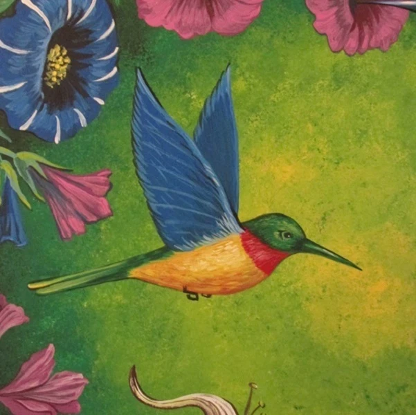 IMPRESIÓN 4X4 DE PINTURA RYTA ESTILO VINTAGE ARTE PRIMAVERA COLIBRÍ Flores Folk 🌺 Foto 1 de 1