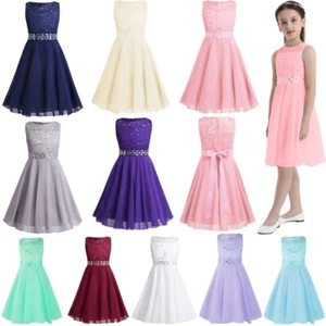 Girls Kids Chiffon Floral Lace Sequin Bodice Sash Tie Waist Wedding Party Dress - Picture 1 of 138