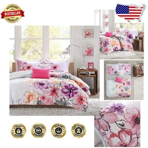 Vibrant Floral Full/Queen Comforter Set for Teen Girls - Olivia Pink 5 Piece - Picture 1 of 12