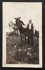 Antique Photo of Man Standing with Horse in a Country Field Old Gentleman Pic