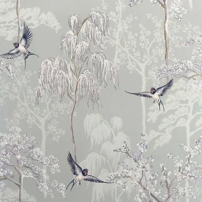 Arthouse Japonés Jardín Papel Oriental Golondrina Pájaros Árboles Gris 908105 - Imagen 1 de 4