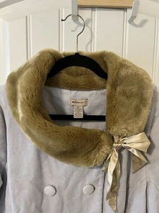 ANTHROPOLOGIE Elevenses Coat 14 NWT Blue Double-breasted Faux Fur Satin Bow - Picture 1 of 24