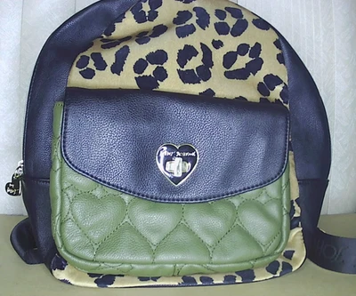 Betsey Johnson Velvet Leopard Print Quilted Olive Green Mini Backpack - Image 1 of 4