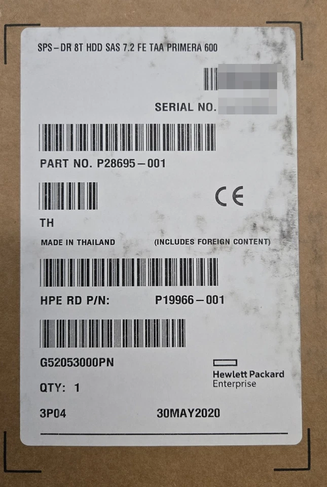 HPE Primera 600 8TB SAS 7.2K FIPS Encrypted TAA Hard Drive P28695-001 R3B76A - Image 1 of 1