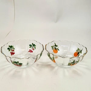 Vintage French Glass Fruit Bowls Pair Made in France Gold Rim Cherries Oranges - Picture 1 of 9
